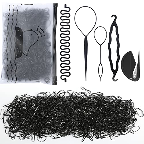 1005 Pcs Hair Loop Tool Set with 2 Topsy Tail Hair Tools,1 Ponytail Cutter Remover,2 Hair Braiding Tool,1000 Black Rubber Bands for Women for French Twist Plait Ponytail Topsy Hair Tail Tools