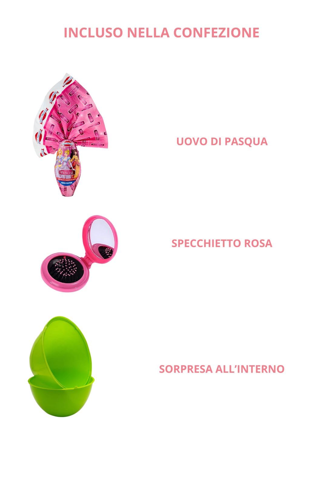 NLIGHTING® Uova di Pasqua Uovo di Pasqua di Cioccolato Cioccolata al Latte Finissimo Senza Glutine Serie TV Film e Cartoni Animati Bambini 2025 (PRINCESS + SPECCHIO E PETTINE IN REGALO)