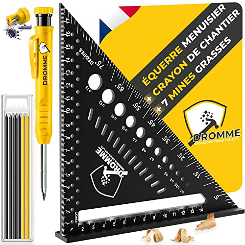 Equerre Menuisier 180 mm - Outil Multifonction 5 en 1 : Trusquin/Rapporteur d'angle/Règle/Équerre/Gabarit de perçage - Outillage Professionnel en Aluminium Inclus Crayon Chantier et 7 Mines Solides