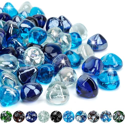 Mr. Fireglass 10 Pounds Blended Fire Glass Diamonds for Fireplace Fire Pit & Lanscaping - 1 inch High Luster Fire Rocks with Mixed Colors (Cobalt Blue++Crystal Ice+Caribbean Blue)
