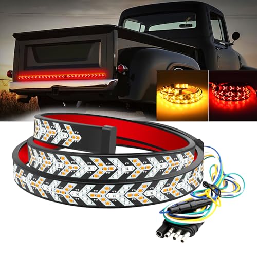 60 Inch LED Tailgate Light Bar Strip Strobe Tail Light Strips LED Bar Brake Reverse Turn Signal LED Strips Red & Amber Sequential Lighting Waterproof Flexible Tailgate Lights for Trucks Pickup Van
