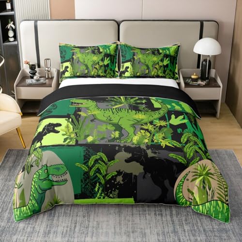 Loussiesd Juego de ropa de cama para niños y niñas, diseño de dinosaurios de dibujos animados, 100 % algodón, diseño de dinosaurio de la selva, con cremallera