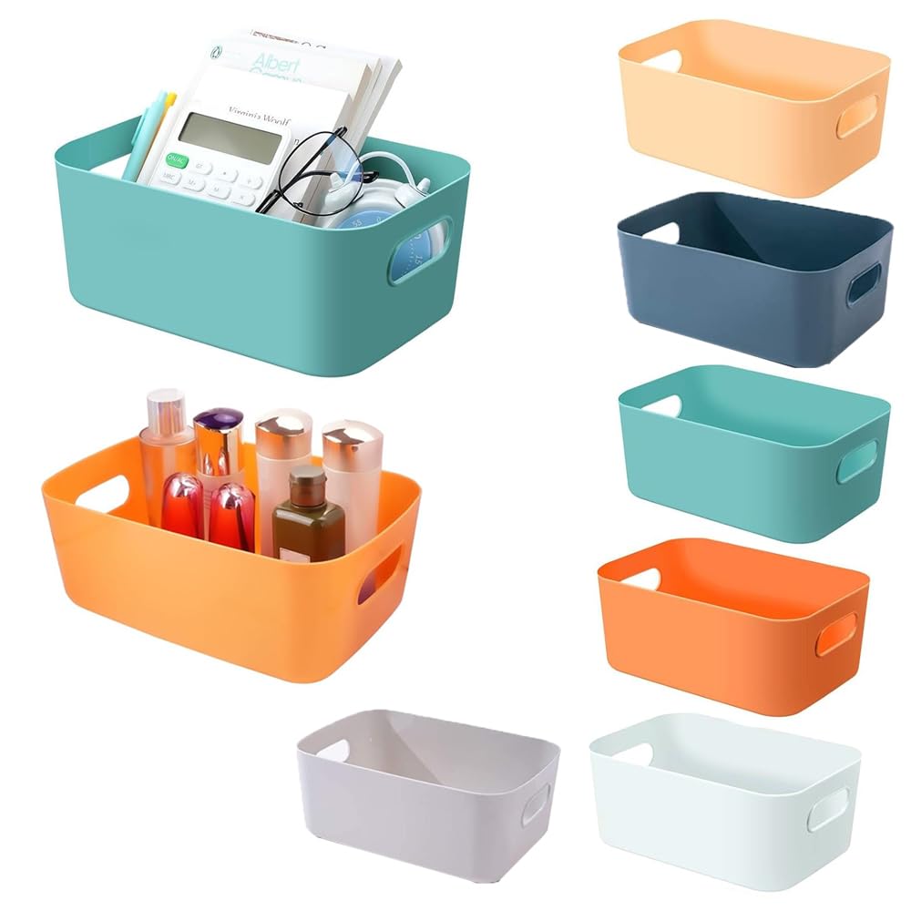 AMERTEER Plastic Storage Bins And Baskets - 6 Pack Multiple Colour Plastic Basket For Kitchen Organization, Pantry Storage Containers Organizer For Fridge Cupboard Office Bathroom Toys School And Home