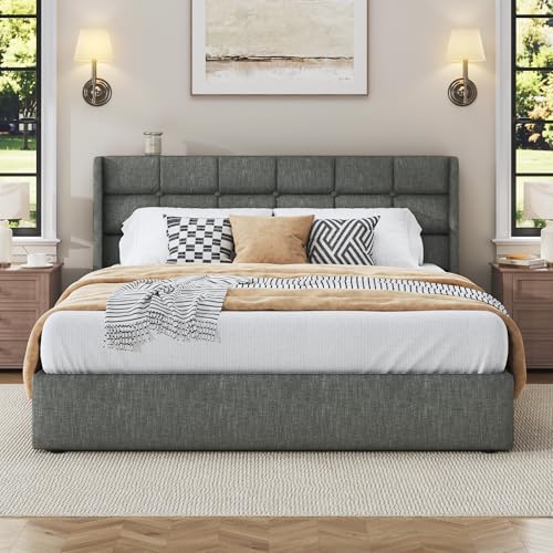Image of HISOFT Queen Size Lift Up Storage Bed Frame, Linen Upholstered Platform Bed with Wingback Headboard, Heavy Duty Hydraulic Gas Lift Underbed Space, Reinforced Full Metal Slats, Noise Free, Grey