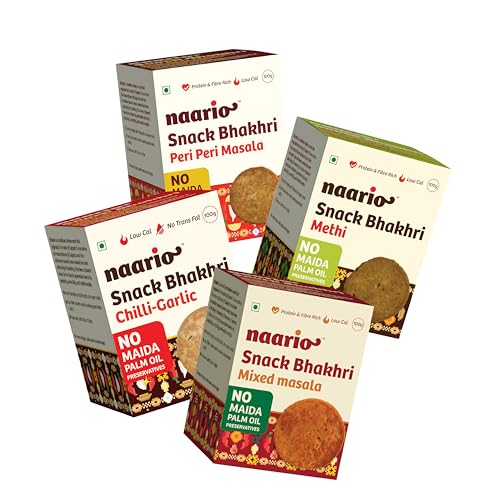 Image of Naario Chilli Garlic, Methi, Masala, Peri Peri Crackers Healthy Snack Combo Wheat Bhakhri 12 Calories /pc | | Wholesome Indian Snack with No Palm Oil and No Additives | Pack of 4 (100g each)
