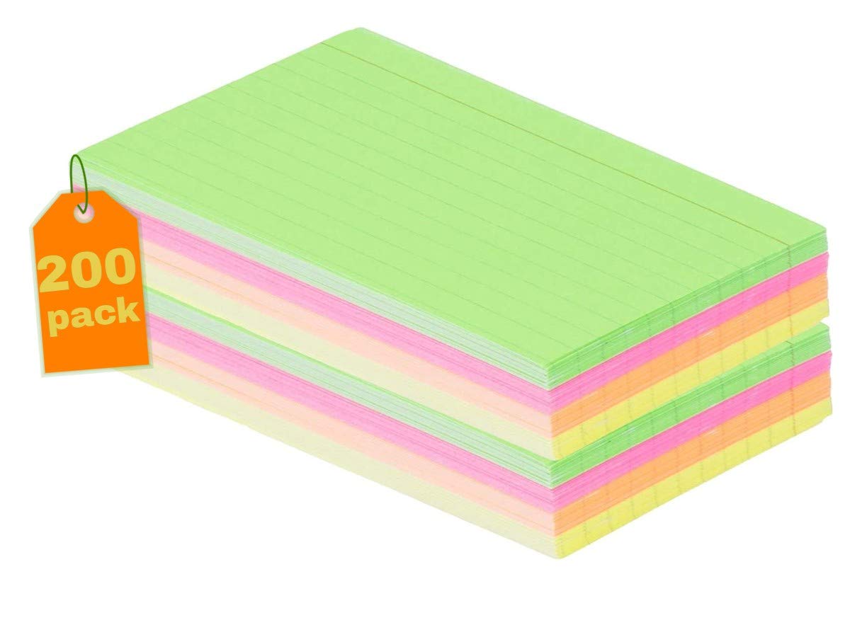 Amazon.com : 1InTheOffice Index Cards 3x5 Ruled Colored, Colorful Index Card,  Ruled Neon Index Cards, Ruled Index Card Assorted 200/Pack : Office Products