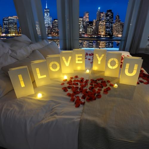 I Love You Luminary Bags with LED Tea Light Candles, Balloons, and Rose Petals – Romantic Decorations for Proposals, Anniversaries, and Special Moments