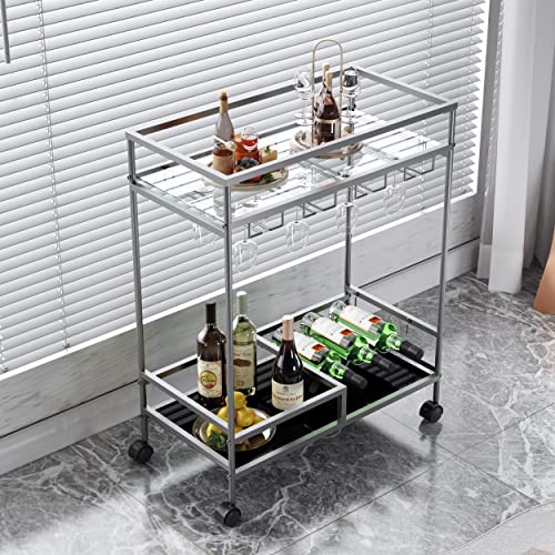 NNV Barwagen mit 2 Etagen, mit 2 verspiegelten Regalen, Weinwagen mit...