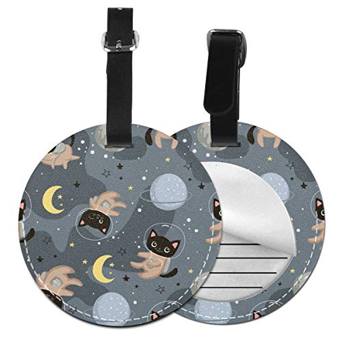 Mignon Chat Astronaute Personnalisé Cuir De Luxe Étiquette De Valise Set Accessoires De Voyage Rond Étiquettes Bagages Noir Noir 2 PCS Cover