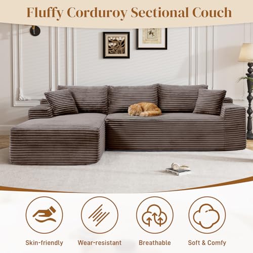 Image of 95 inch L Shaped Boneless Sectional Couches, Wide Armrest, Deep Seat, Memory Foam, Assembly Free, Modern Comfy Corduroy Fluffy Cloud Sofa with Left Chaise for Living Room, Small Spaces, Brown