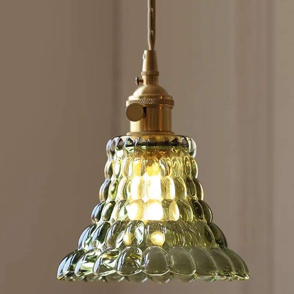 LYMSXAZOU Vintage Green Glass Pendant Light Fixture - Adjustable Height Antique Brass Chandelier for Kitchen Island, Dining Room, Bedroom, and Hotel