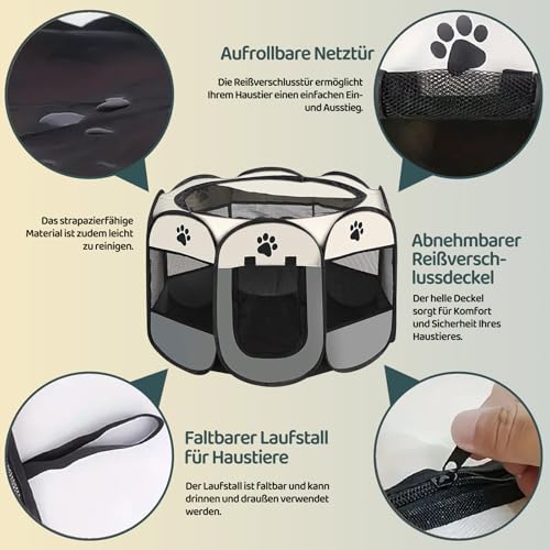 Welpenauslauf Faltbare Hundebox - 74x74x43cm Welpenlaufstall Faltbare hundezelt Katzengehege für Drinnen Outdoor Hundekäfig Kaninchen Laufstall Katze Hund Katzenzelt Kleintiergehege (Grau)