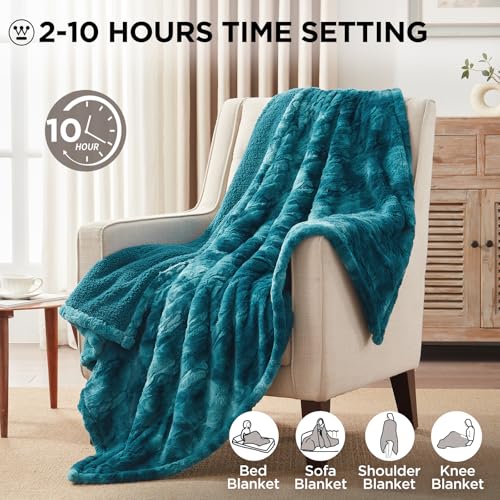 Image of Westinghouse Electric Throw Blanket, Faux Fur Heated Blanket with 6 Heating Levels & 2-10 Hours Auto Off, Soft Cozy Sherpa Heated Blanket Washable Blanket (50 inch x 60 inch Throw Size, Green)