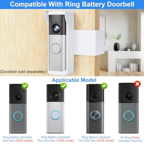 Image of Anti-Theft Doorbell Mount Compatible with Ring Newest 2026 Battery Doorbell /Plus /Pro, No Drill Wireless Video Camera Doorbell Bracket with Rain Cover for Apartment Rental, Not for Security Door(White)