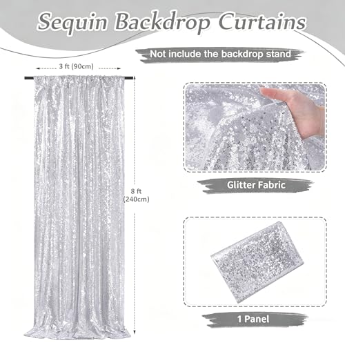 Image of Silver Sequin Backdrop Curtains-2 Panels 3FTx8FT Silver Backdrop for Wedding, Glitter Party Decorations Background Drapes for Birthday Party Anniversary Graduation Photo Booth Decor