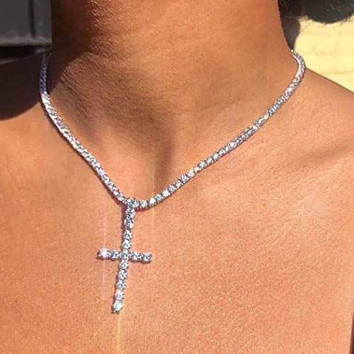 Gangel Silver Vertical Cross Tennis Necklace Glittering Chain Simple Fashion Pendant Exquisite Choker Jewelry with Rhinestone for Women (Pack of 1)2