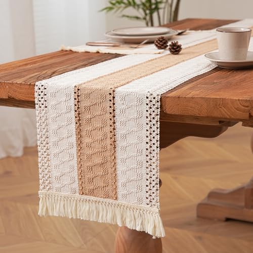LOHUT Boho Table Runner for Summer Home Decor with Tassels & 2 Placemats Set - 96 Inches Long Farmhouse Rustic Table Runner Macrame Burlap Table Decoration for Living Room Bridal Shower(12x96 Inches)