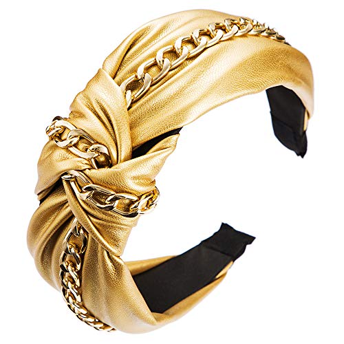 Fashion Knotted Headbands with Chain Non Slip Wide PU Leather Head Band for Women Hair Band Hair Accessories(gold)