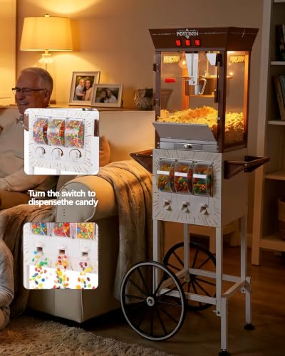 Image of 12 oz Commercial Popcorn Machine Cart with Candy Dispenser, Pop Corn Machine Maker Makes Up to 48 Cups, Movie Theater Popcorn Machine with 3-Switch Control&Stainless-Steel Kettle, White