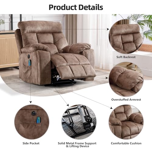 Image of CANMOV Large Power Lift Recliner Chair with Massage and Heat for Elderly Big and Tall People, Overstuffed Wide Recliners with 2 Cup Holders, Side Pocket and USB Port, Camel
