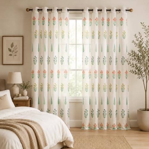 Image of Clasiko Block Print Sheer Door Curtains| 5 Feet | 40% Light Filtering Linen Textured Curtains with Eyelets | Elegant Floral