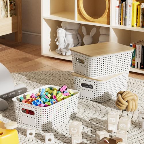Small 5 Quart Plastic Storage Bin with Bamboo Lid, Stackable Decorative Storage Basket Box Containers with Label for Organizing Shelves Desktop Office Bedroom Dorm Classroom, White 6 Pack - Image 8