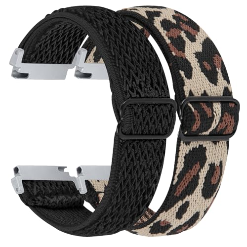 RuenTech 2 Pack Elastic Bands Compatible with Aycy Y6/Hose Y6/WeurGhy Y6-pro Smart Watch Band, Adjustable Nylon Straps Replacement Wristbands for Y6 Smart Watch Band Women&Men (Black&Leopard)