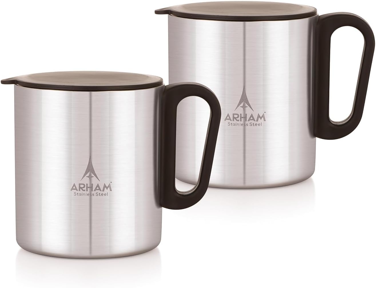 Coffee Mug Set of 2 (250 ml) | Double Wall Tea Cups with Handle | Strong & Durable Steel Mug with Lid