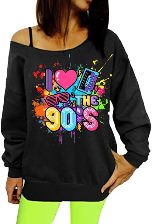 90s Outfit for Women Sexy Off The Shoulder Sweatshirt I Love The 90's Shirt Oversized Long Sleeve Pullover Top