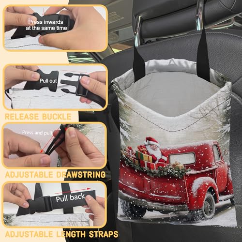 Image of Santa Claus on Red Truck Car Trash Bag, Hanging Drawstring Car Garbage Bag,Canvas Car Back Seat Organizer with Adjustable Buckle for Men and Women