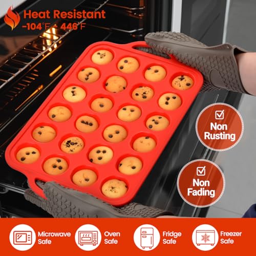 Image of CAKETIME Silicone Mini Muffin Pan, Metal Reinforced Frame 24 Cups Mini Muffin Tin with Handles BPA Free Muffin Silicone Molds for Baking Muffins, Cupcakes, Egg Bites 2 Pack, Red