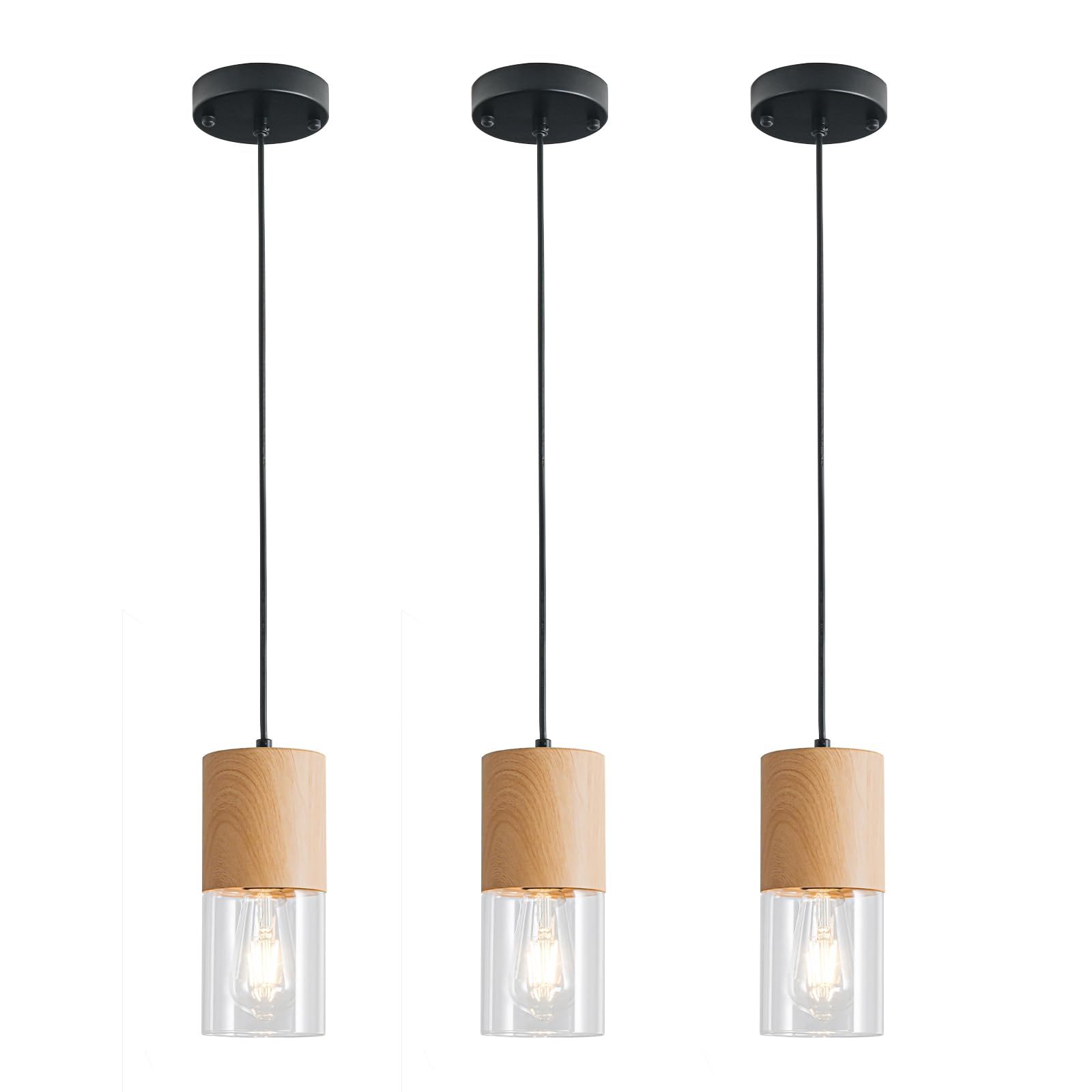 3-Pack Modern Pendant Lights for Kitchen Island, Adjustable Pendant Light Fixtures with Raw Wood Grain, Industrial Clear Glass Pendant Lights for Dining Table Hallway Bedroom Living Room