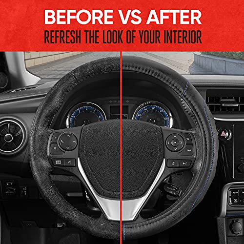 Image of Motor Trend GripDrive Faux Black Leather Steering Wheel Cover for Car Truck Van SUV, Standard 15 inch Size, Blue Accent Stitched Car Steering Wheel Cover Vehicle & Auto Accessories