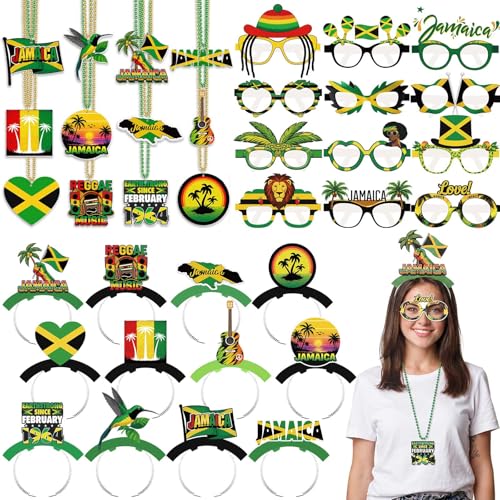 Image of Kenning 36 Pcs Jamaica Party Decorations 12 Beaded Necklaces 12 Headbands 12 Reggae Theme Paper Eyeglasses Prop Accessories Tiaras for Jamaican Festival Reggae Birthday Decor Flag Party Supplies