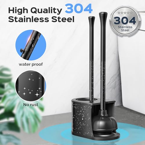 Image of HAMITOR Toilet Plunger and Brush Set: 2 in 1 Stainless Steel Combo with Curved Bristles - Heavy Duty Toilet Unclogging for Family Bathroom - Compact Hideaway Apartment Cleaning Accessories - Black