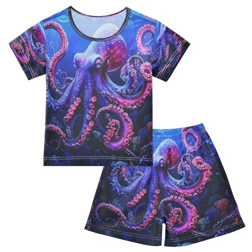 ALAZA Dark Red Octopus Ocean Pajamas Set Short Sleeve Cotton Sleepwear Summer Pjs 2 Piece 5-14Y