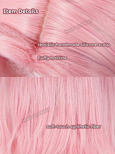 Image of Half and Half Short Pink Anime Cosplay Wig Light Pink Fluffy Spiky Layered Wigs with Widow's Peak for Women Halloween Party Daily