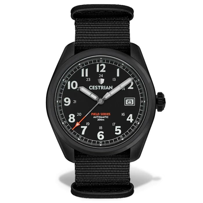CestrianField Series Automatic Mens Black Dial Black PVD Case NATO Strap Military Style Watch 200m CF121N5660