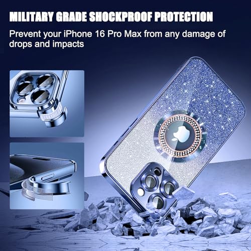 Image of Misscase for iPhone 16 Pro Max Magnetic Glitter Case Compatible with MagSafe,Full Protection Slim Shockproof Anti-Scratch Case with Camera Lens Protector Logo View Dust-Proof Net for Women Blue