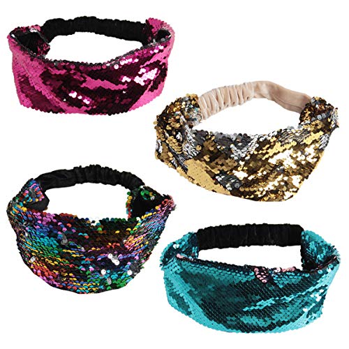 SBYURE Reversible Sequin Headbands,4 Pieces Sparkly Mermaid Sequin Glitter Headbands,Non Slip Elastic Stretch with Velvet Lined Fashion Headbands for Girls and Women,4 Color