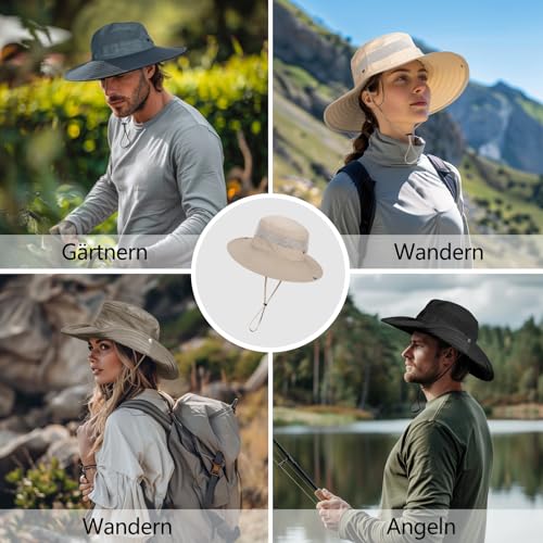 FLEERNIO Beige Unisex Erwachsene Sonnenhut, UV Schutz 50, Faltbar, Atmungsaktiv, Wasserresistent, Cowboy Stil, Für Outdoor Aktivitäten, Wandern, Angeln, Camping, Strand, Parks, Casual
