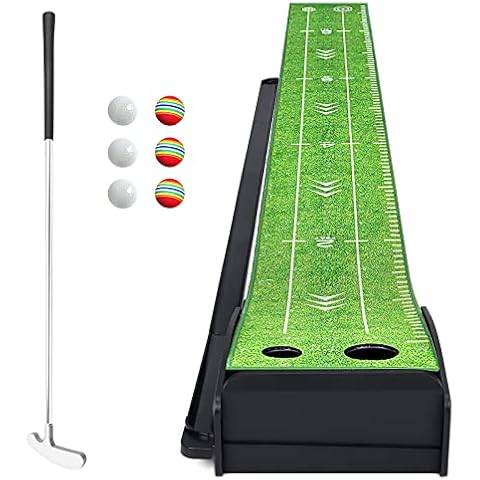 Losbenco Golf Putting Green Mat with Putter and 6 Golf Balls, Golf Putting Practice Mat Equipment with Auto Ball Return System for Home Office Backyard Indoor Outdoor Use Cover