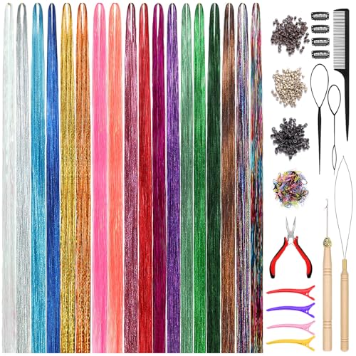 Beanewone Hair Tinsel Kit 18 Colours 5000 Strands of Glitter Tinsel Hair Extensions (47-inch Long) with Tools & Micro Rings Coloured Hair Accessories for Women Girls & kids