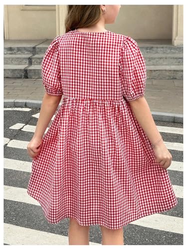 Floerns Girl's Bow Tie Gingham Dress Short Puff Sleeve A Line Cute Ruffle Dresses3
