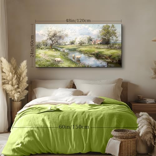 crmotu Landscape Wall Art, Nature Wall Art, Large Wall Decor, Sheep Pasture Painting Wal Prints, River Country Canvas Pictures for Living Room Bedroom Bahroom Farmhouse Cottage 24"X48"