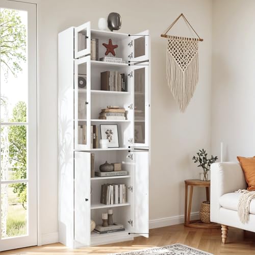 VOWNER 85.5' Tall Bookshelf Single Pack - Half Glass Door Design, White 7 Tier Book Shelf, Curio...