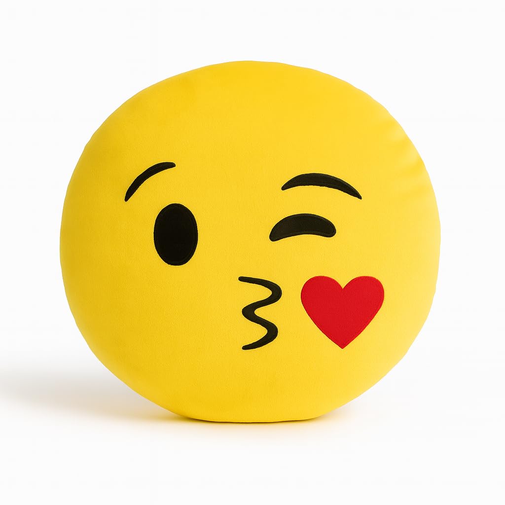 Smiley Emoji Cushion Soft Plush Pillow – Round Yellow Face Cushion with Kissing Heart Design for Sofa, Bed, Home, Car & Office Décor for Kids & Adults – 30 cm-image-20