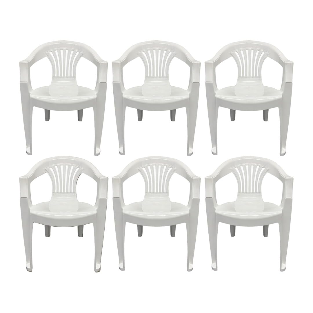ORGANIZED Low Back Plastic Garden Chair, Lightweight, Weather Resistant, for Indoor and Outdoor Patio, Balcony, Lawn, Terrace, Kitchen and Dining Room (6, White)