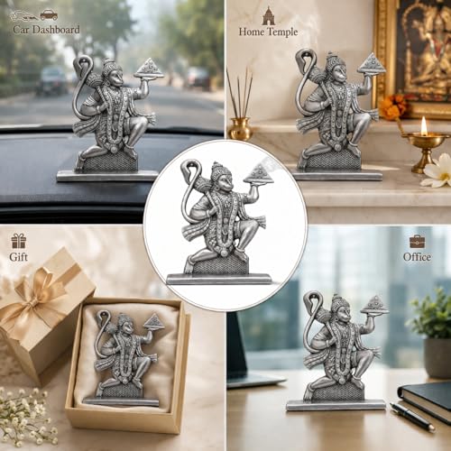 Image of 6cm Height Unique Hanuman ji Idol with Double Sided Design Hanumanji Murti Bajrangbali Statue for Home Temple&Car Dashboard,Office,Gift- for Good Luck & Fortune|(Silver)(Pack of 01)