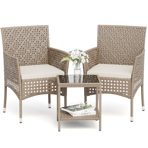 Devoko Patio Furniture Set 3 Pieces Outdoor Wicker Chairs Set of 2 with Coffee Table for Outside Porch Balcony (Gray)